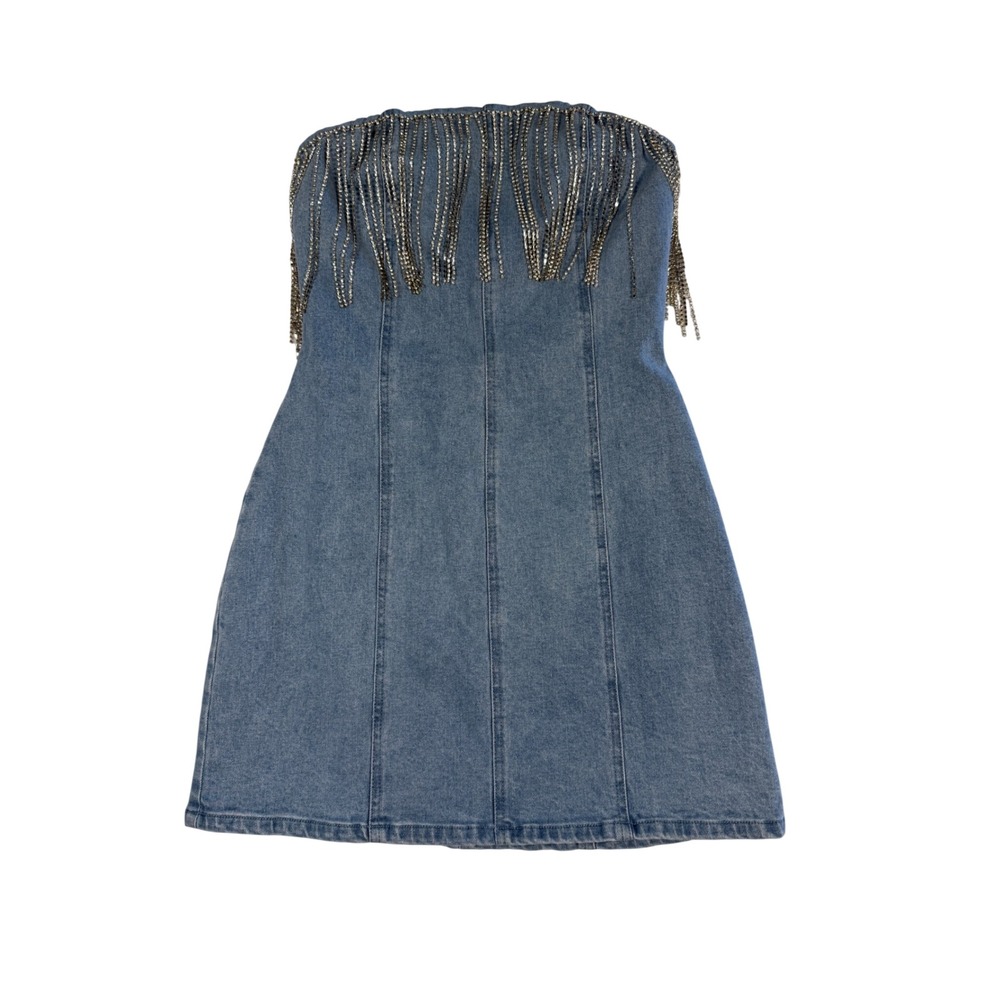 12th Tribe Rhinestone Fringe Denim Mini Dress Light Wash Strapless Blue Small - Picture 2 of 8
